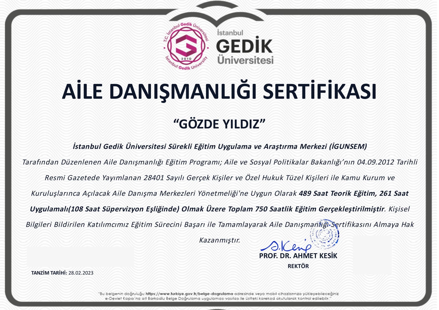 Aile Danışmanlığı Eğitimi belgesi