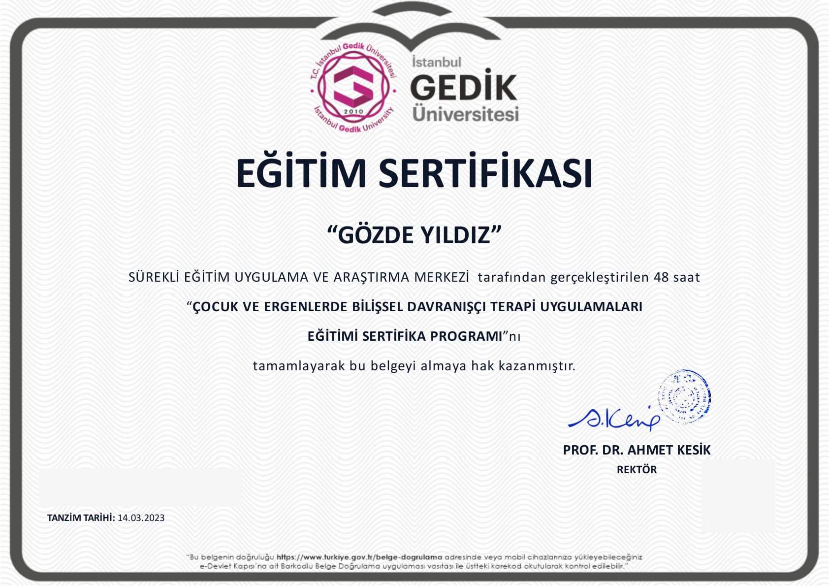Çocuk ve Ergenlerde BDT Uygulamaları belgesi