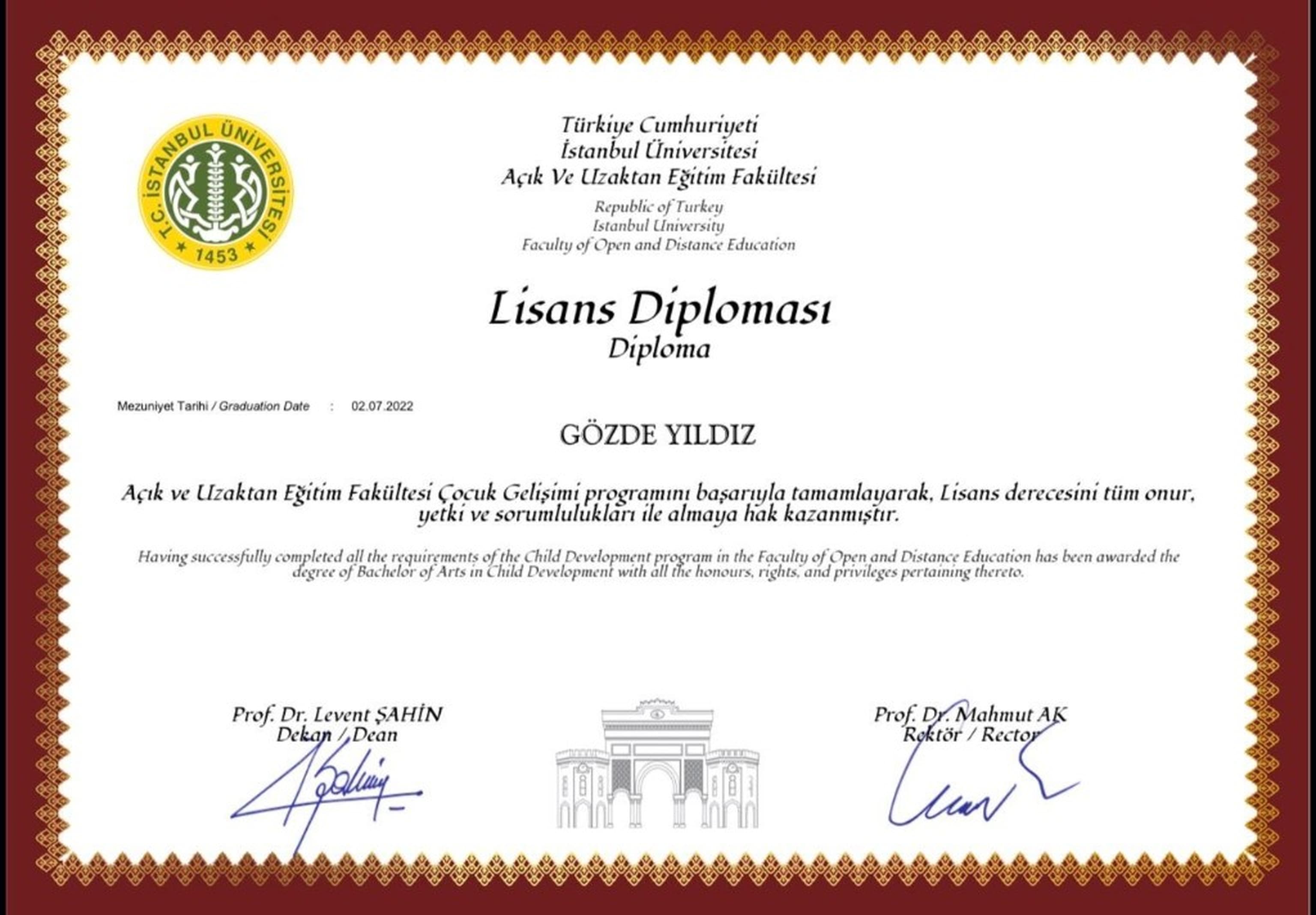 Lisans diploması belgesi