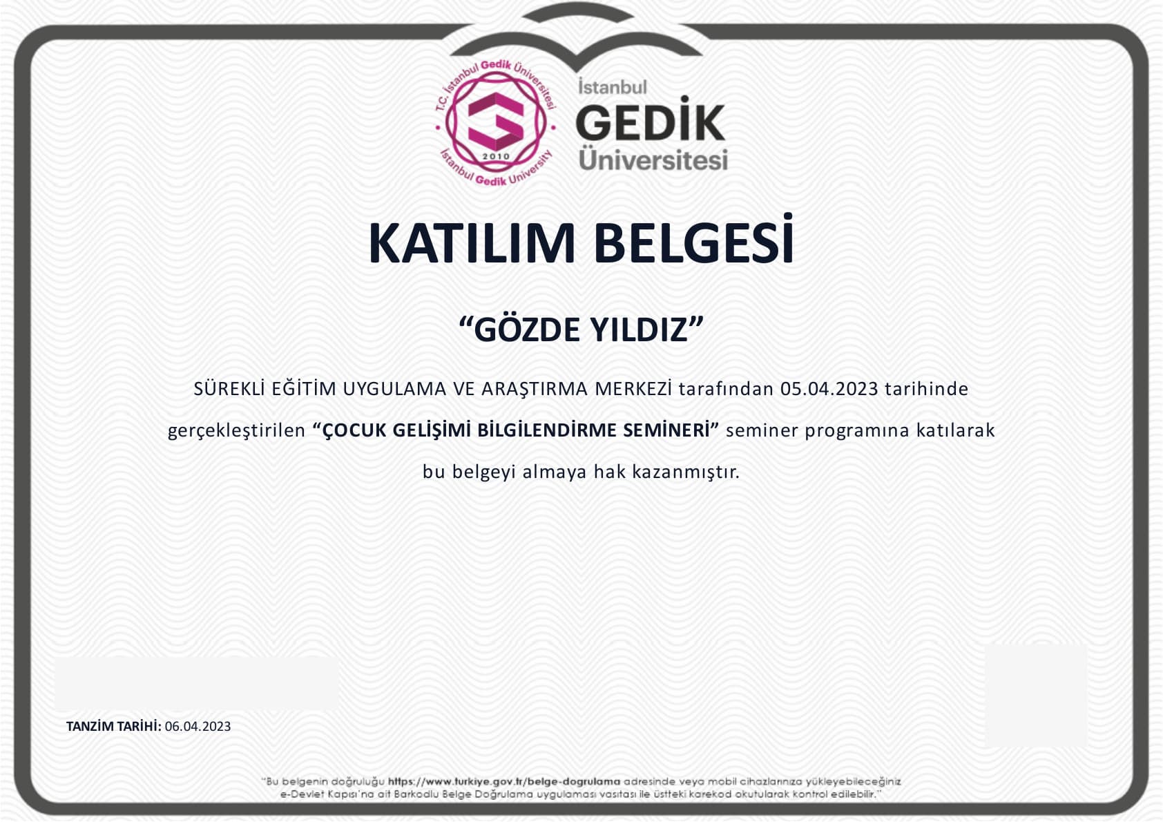 Çocuk gelişimi bilgilendirme semineri belgesi