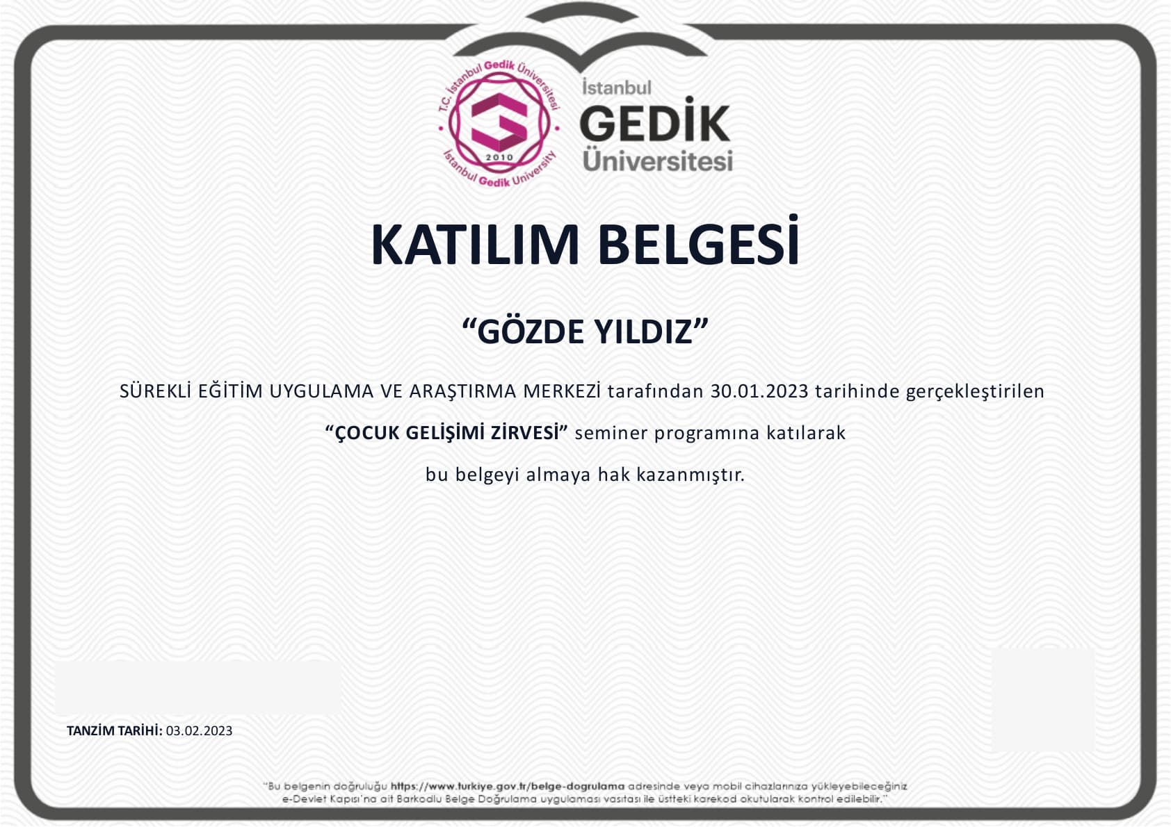Çocuk Gelişimi Zirvesi belgesi