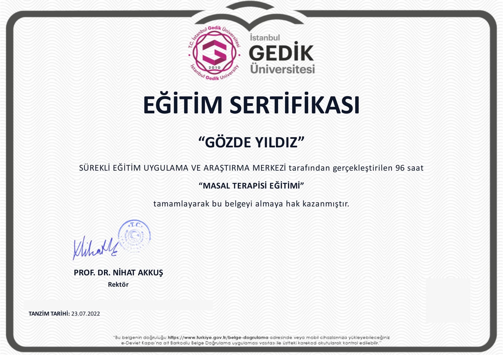 Masal Terapisi Eğitimi belgesi