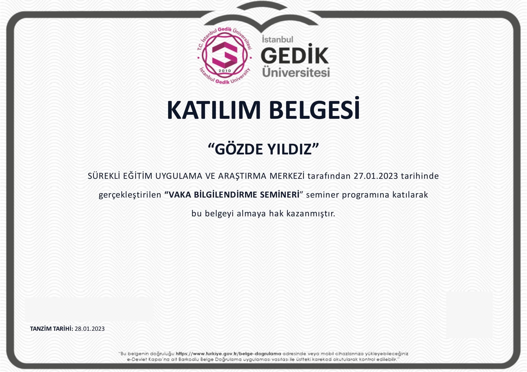 Vaka semineri · 27 Ocak 2023 belgesi