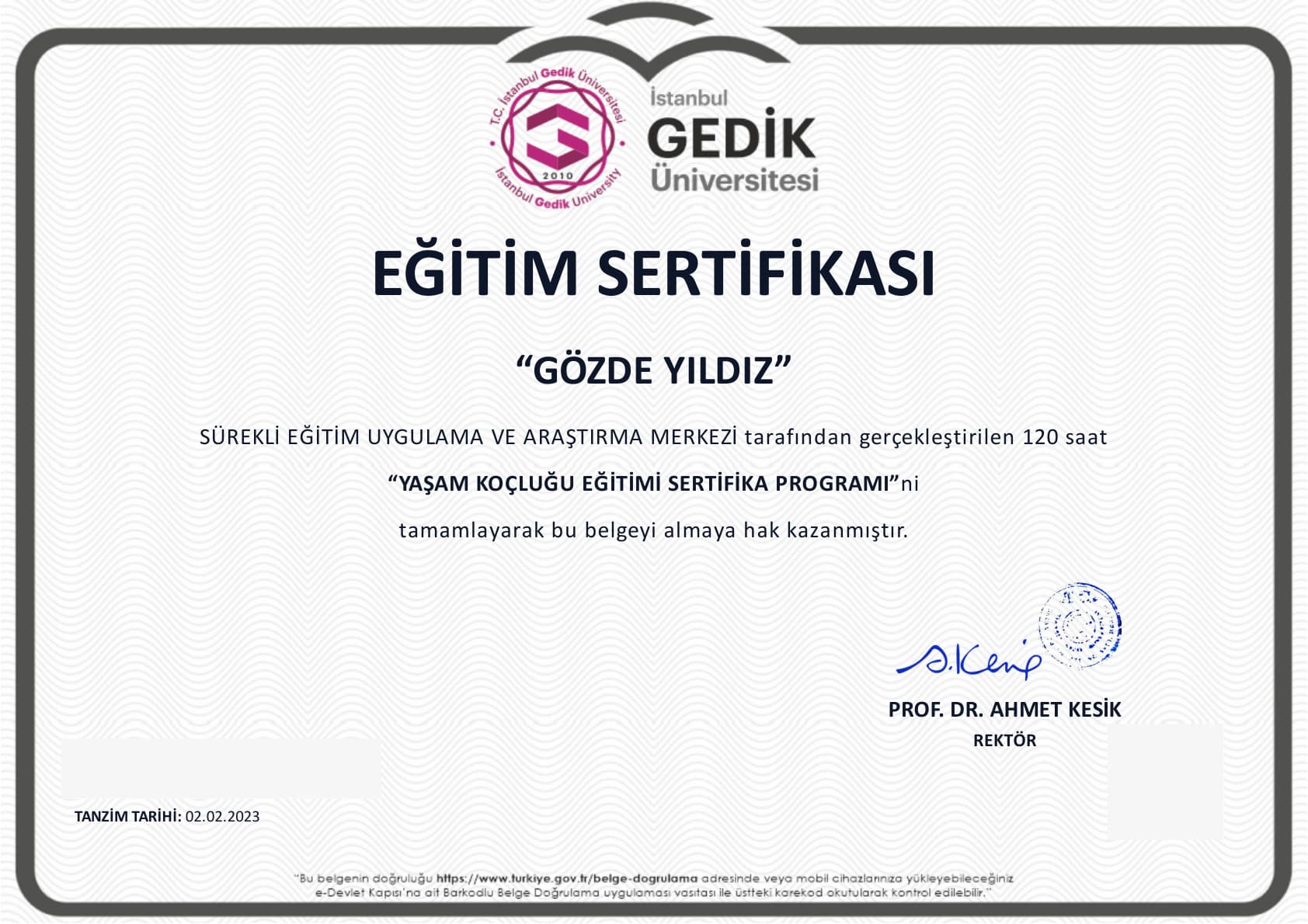 Yaşam Koçluğu Eğitimi belgesi
